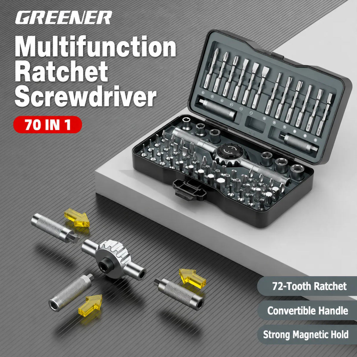 MOQWAIG 70-in-1 multifunction ratchet screwdriver set with 72-tooth ratchet, convertible handle, strong magnetic hold, and organized storage case
