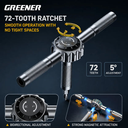 MOQWAIG 72-tooth ratchet screwdriver handle with 5-degree adjustment, bidirectional control, and strong magnetic attraction for tight spaces