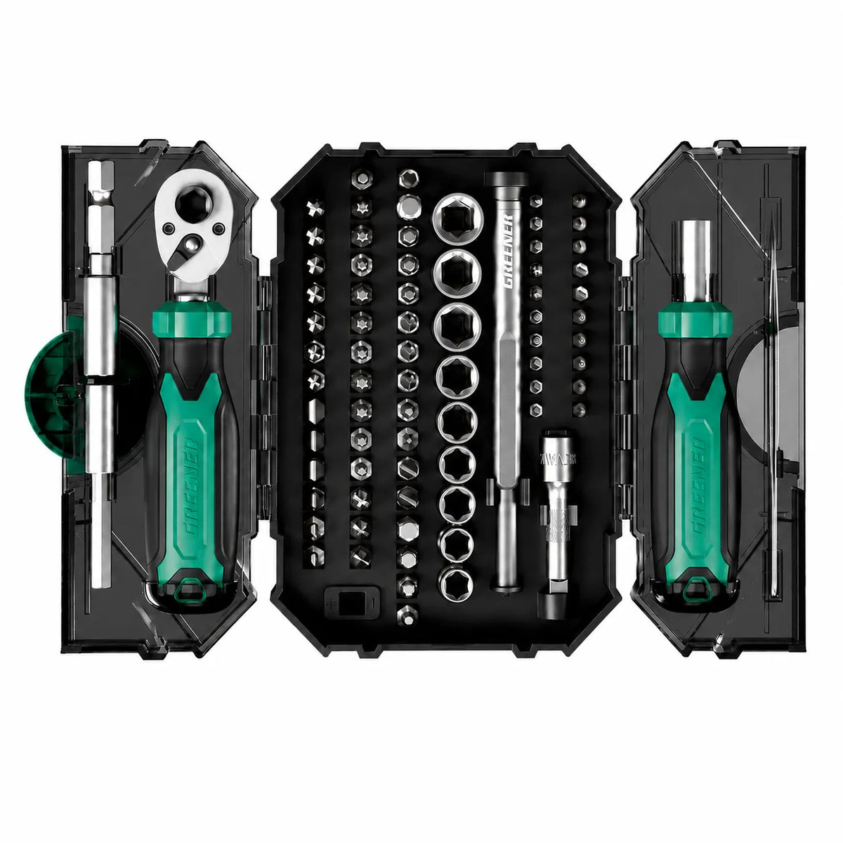 MOQWAIG 80-in-1 ratchet screwdriver kit shown in open layout with dual handles, sockets, extension rods, bits, and organized storage case