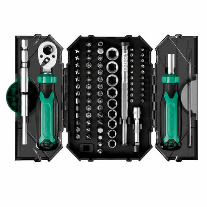 MOQWAIG 80-in-1 ratchet screwdriver kit shown in open layout with dual handles, sockets, extension rods, bits, and organized storage case