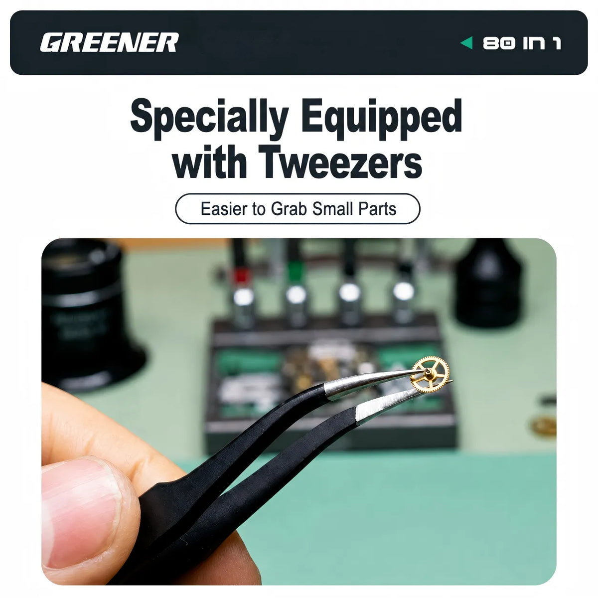 MOQWAIG 80-in-1 ratchet tool kit equipped with tweezers for grabbing small parts during precision repair and assembly