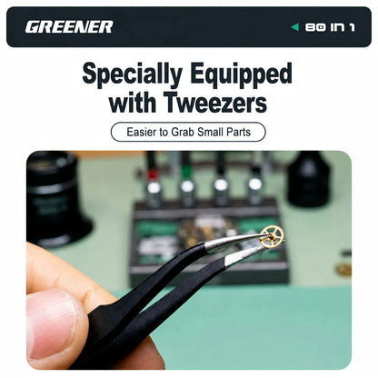 MOQWAIG 80-in-1 ratchet tool kit equipped with tweezers for grabbing small parts during precision repair and assembly