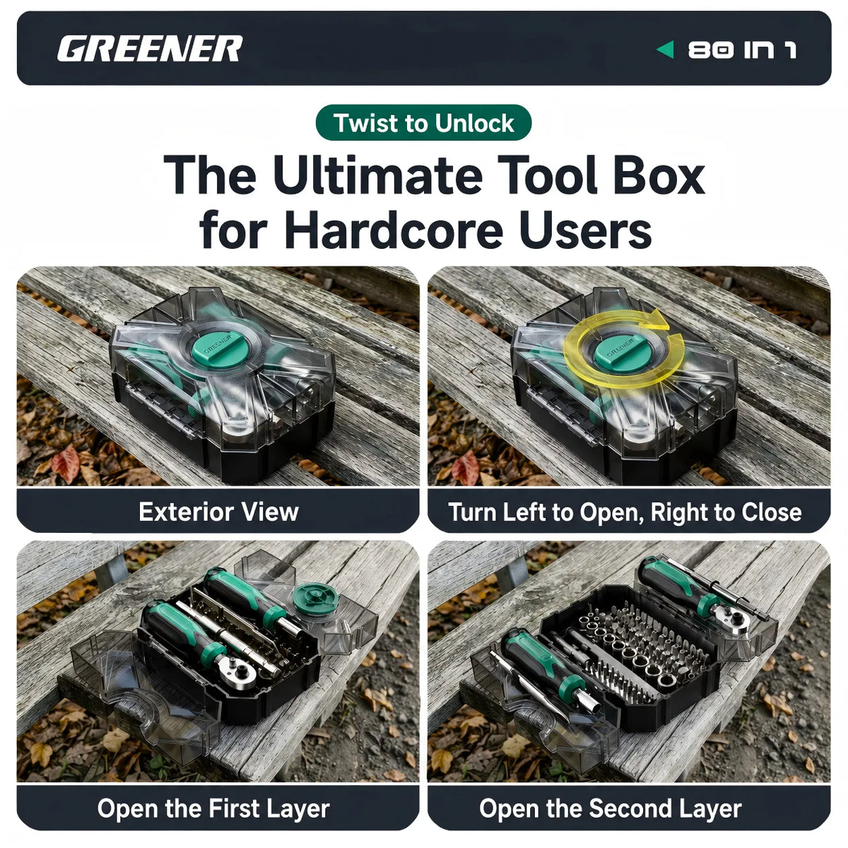 MOQWAIG 80-in-1 portable tool box with twist-to-unlock case design, first-layer and second-layer storage layout for easy access