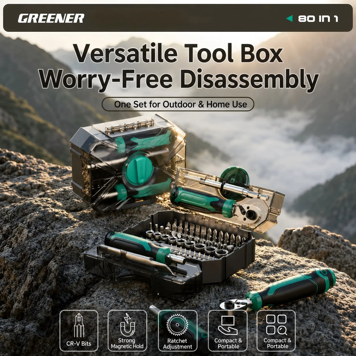 MOQWAIG 80-in-1 versatile ratchet tool box with CR-V bits, strong magnetic hold, ratchet adjustment, and compact portable storage for outdoor and home repair