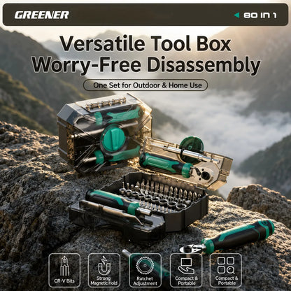 MOQWAIG 80-in-1 versatile ratchet tool box with CR-V bits, strong magnetic hold, ratchet adjustment, and compact portable storage for outdoor and home repair