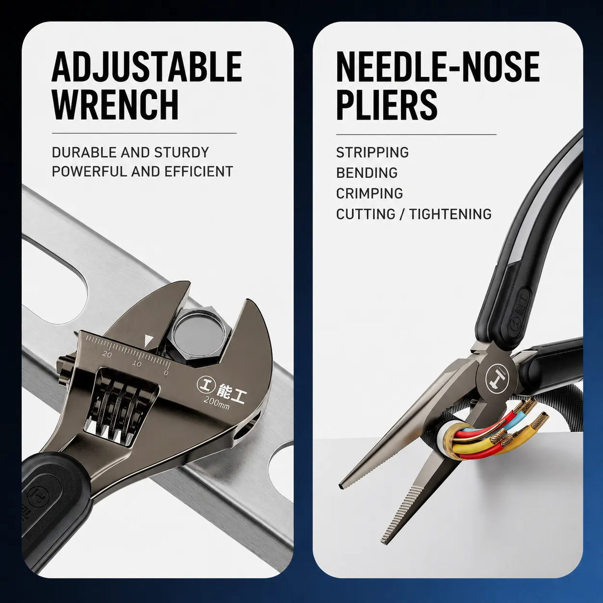 MOQWAIG adjustable wrench and needle-nose pliers for tightening, stripping, bending, crimping, cutting, and household repairs