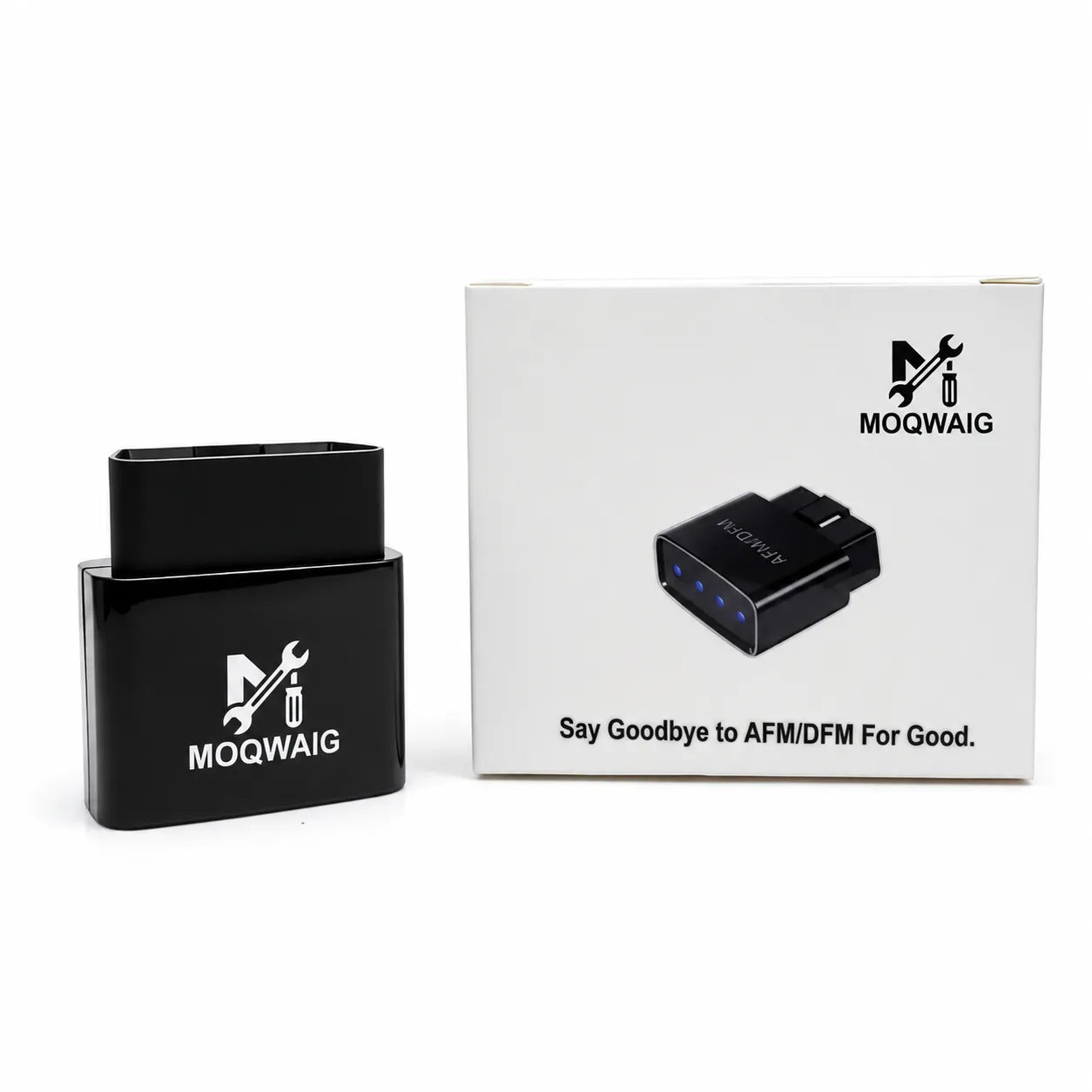 MOQWAIG AFM DFM disabler shown with branded retail box and product device on a clean white background.