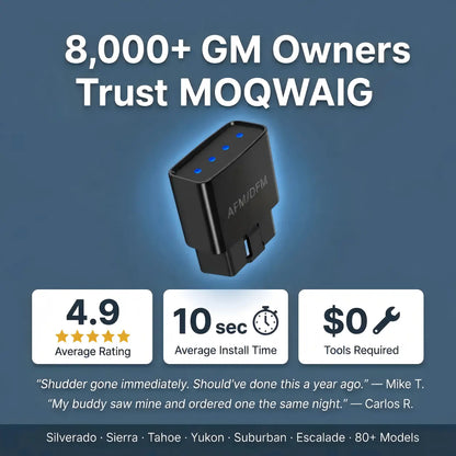 8,000+ GM owners trust MOQWAIG AFM DFM disabler showing 4.9 rating, 10-second installation, and plug-and-play OBD2 performance upgrade for GM V8 vehicles.