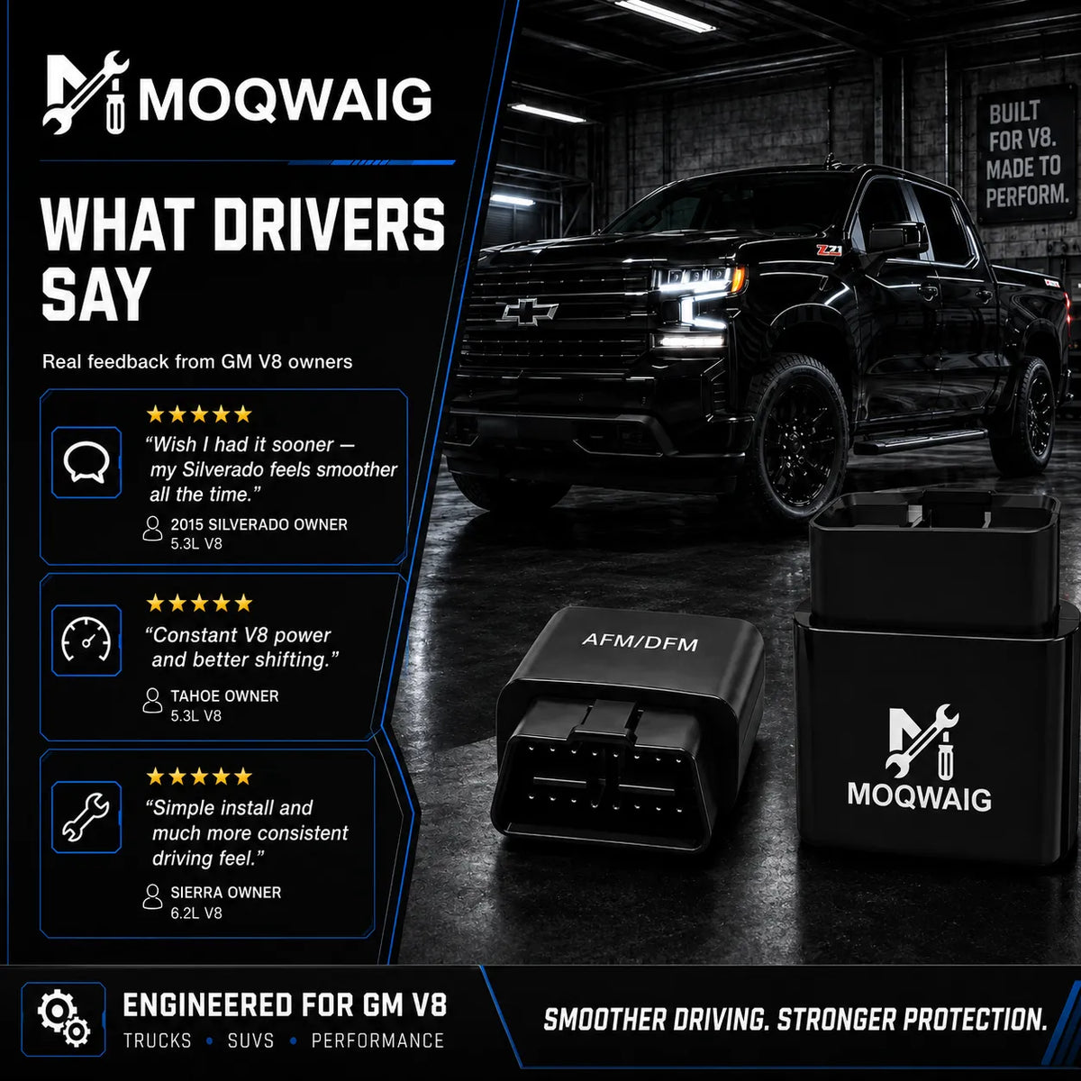 MOQWAIG AFM DFM disabler review graphic featuring real-style feedback from GM V8 owners about smoother driving and better shifting.