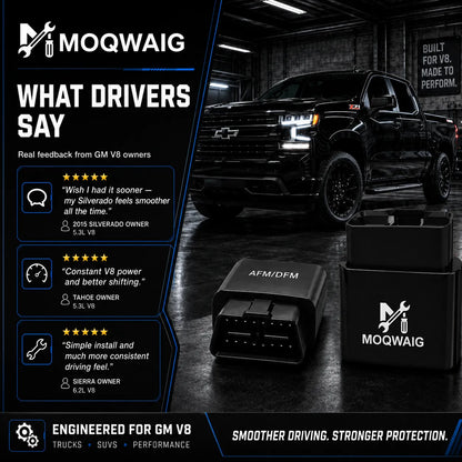 MOQWAIG AFM DFM disabler review graphic featuring real-style feedback from GM V8 owners about smoother driving and better shifting.