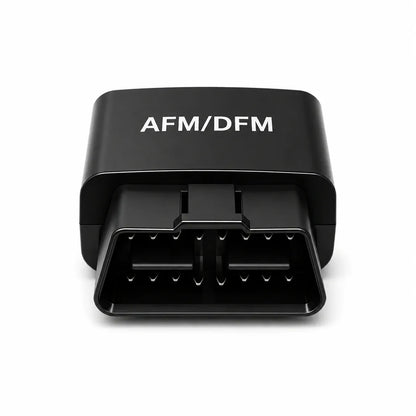Close-up product image of the MOQWAIG AFM DFM disabler showing the OBD-II connector design and AFM DFM marking.
