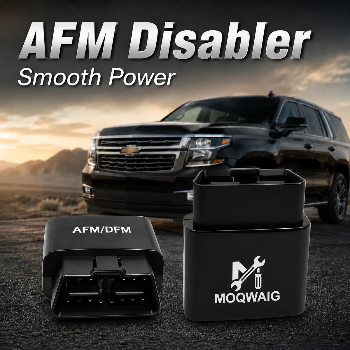 MOQWAIG AFM DFM disabler product showcase with AFM DFM device, branded case, and black SUV background for smooth power driving.