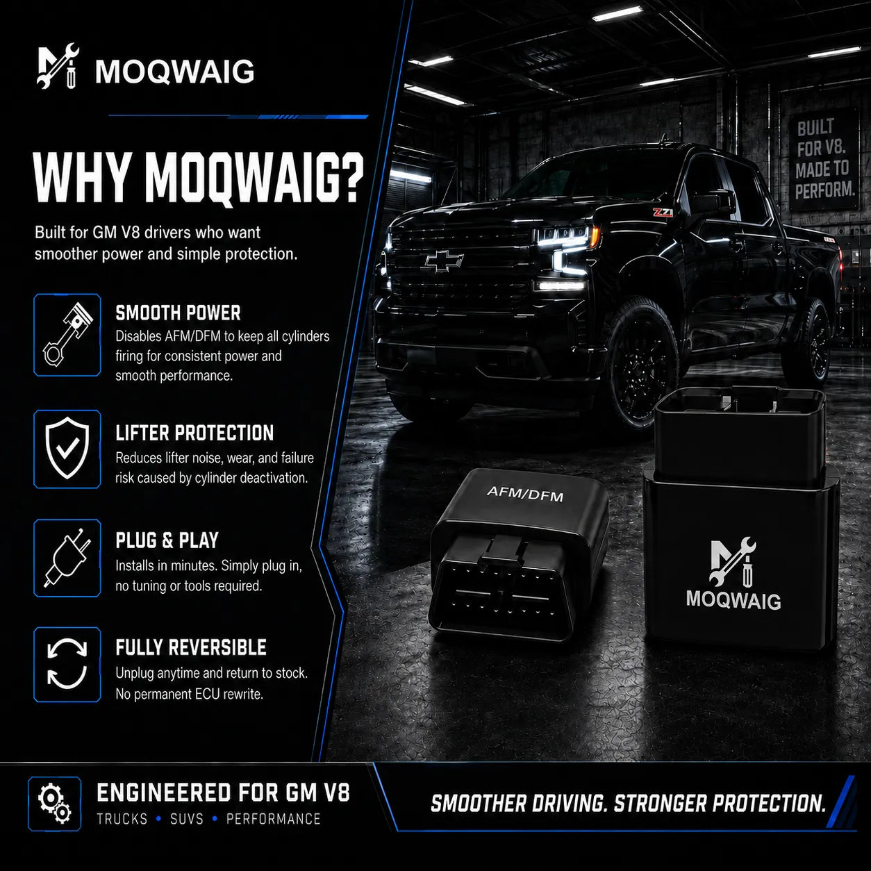 MOQWAIG AFM DFM disabler benefits graphic highlighting smooth power, lifter protection, plug-and-play installation, and reversible use.