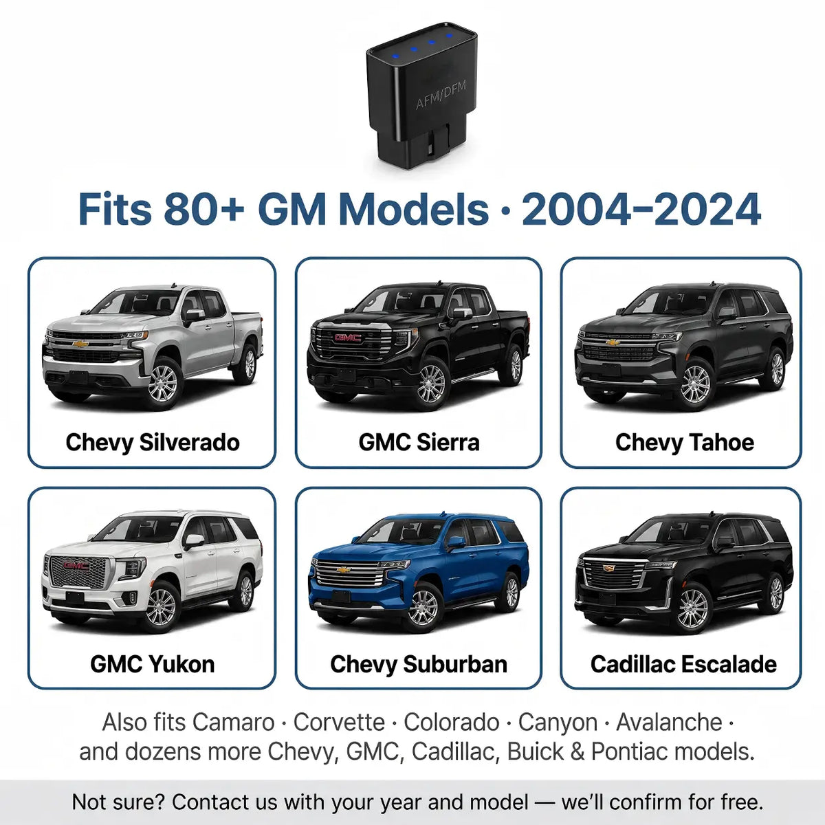 MOQWAIG AFM DFM disabler compatible GM vehicles including Silverado, Sierra, Tahoe, Yukon, Suburban and Cadillac Escalade SUVs and trucks