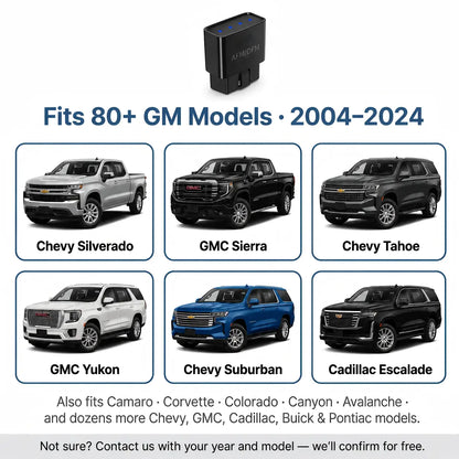 MOQWAIG AFM DFM disabler compatible GM vehicles including Silverado, Sierra, Tahoe, Yukon, Suburban and Cadillac Escalade SUVs and trucks