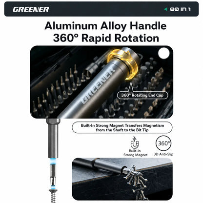 MOQWAIG aluminum alloy screwdriver handle with 360-degree rotating end cap, strong magnet, and anti-slip grip for precise control