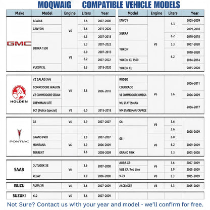 MOQWAIG compatibility table listing GM vehicle models with engine types, liters and year ranges for Buick, Chevrolet, GMC, Cadillac and other brands