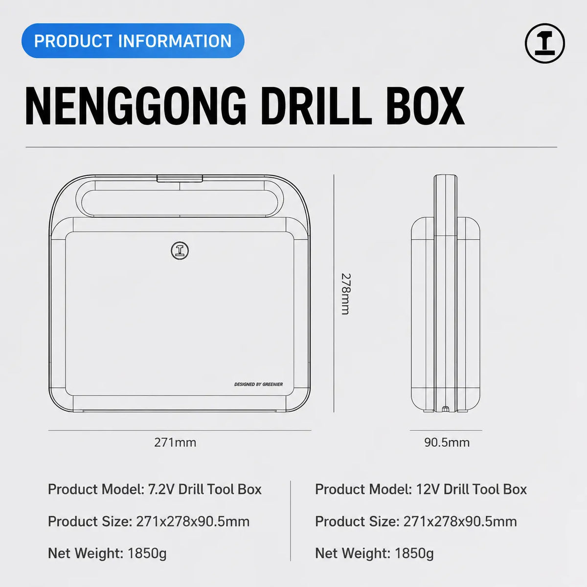 MOQWAIG drill box product information showing compact case dimensions, product size, and lightweight portable design