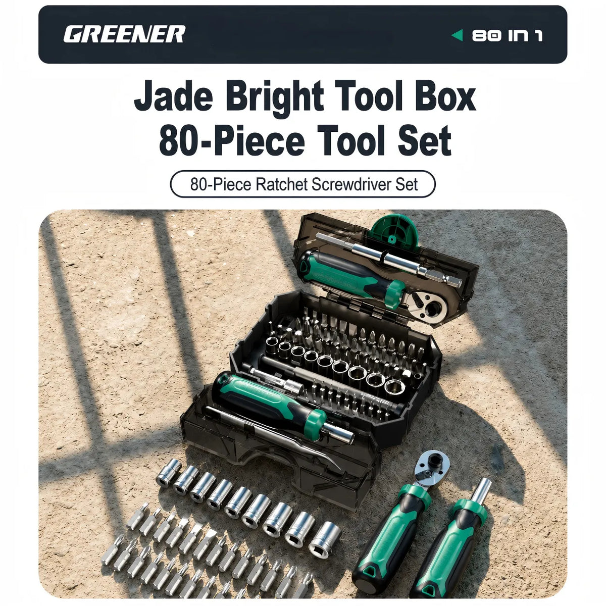 MOQWAIG Jade Bright 80-piece ratchet screwdriver tool set with sockets, bits, ratchet handle, extension bar, and portable tool box