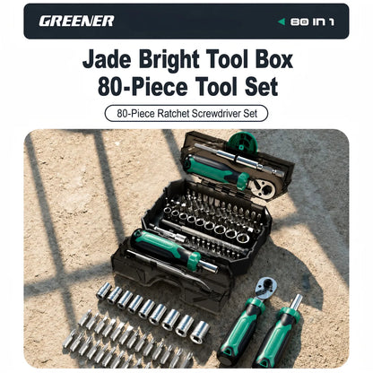 MOQWAIG Jade Bright 80-piece ratchet screwdriver tool set with sockets, bits, ratchet handle, extension bar, and portable tool box