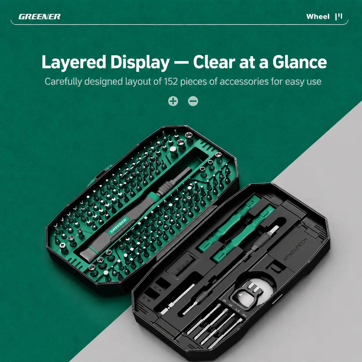 MOQWAIG 152-piece screwdriver accessory kit with layered display layout for clear organization and easy tool selection