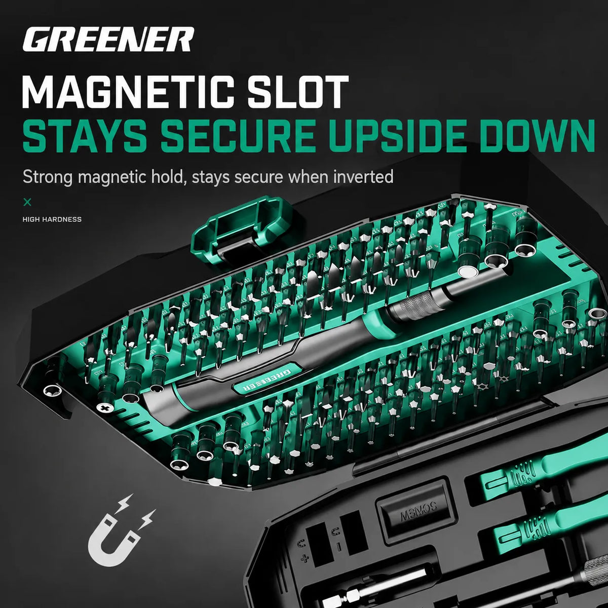 MOQWAIG magnetic bit storage system keeps precision screwdriver bits secure even when the case is held upside down