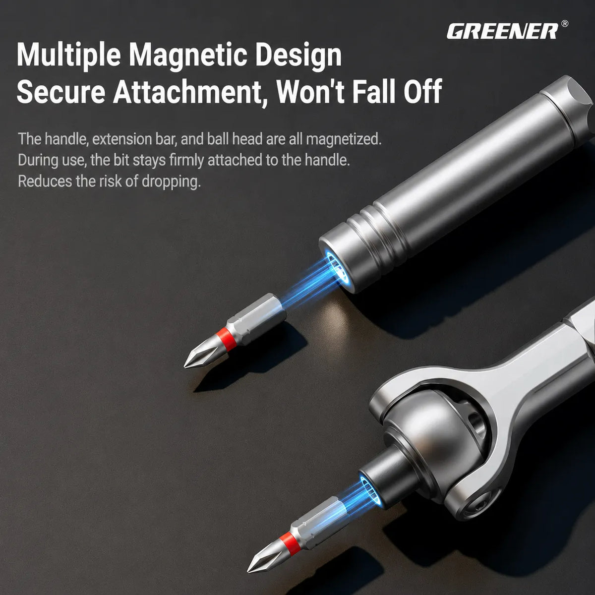 MOQWAIG magnetic ratchet screwdriver with secure bit attachment to reduce dropping during repair and assembly work