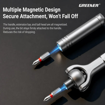 MOQWAIG magnetic ratchet screwdriver with secure bit attachment to reduce dropping during repair and assembly work