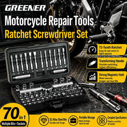 MOQWAIG motorcycle repair ratchet screwdriver set with S2 alloy steel bits, sockets, portable storage case, 72-tooth ratchet, and strong magnetic hold