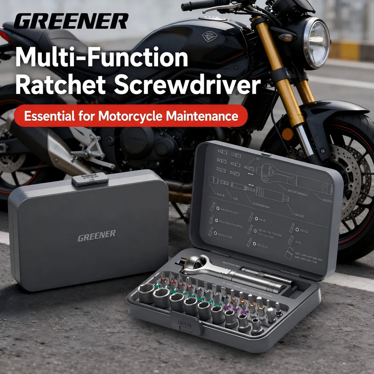 MOQWAIG multi-function ratchet screwdriver set for motorcycle maintenance, portable repair, and mechanical fastening tasks