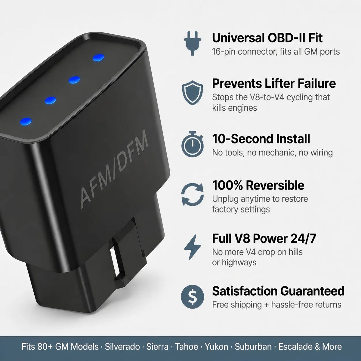 Black MOQWAIG OBD-II AFM/DFM disabler device for GM vehicles with universal 16-pin connector, designed to prevent V4 mode activation, improve V8 engine performance, and support Silverado, Sierra, Tahoe, Yukon, Suburban, and Escalade models.