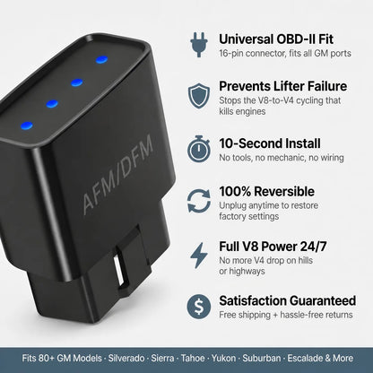Black MOQWAIG OBD-II AFM/DFM disabler device for GM vehicles with universal 16-pin connector, designed to prevent V4 mode activation, improve V8 engine performance, and support Silverado, Sierra, Tahoe, Yukon, Suburban, and Escalade models.