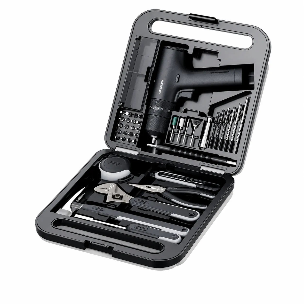 MOQWAIG open drill tool kit with cordless drill, drill bits, wrench, pliers, tape measure, hammer, utility knife, and organized storage case