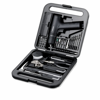 MOQWAIG open drill tool kit with cordless drill, drill bits, wrench, pliers, tape measure, hammer, utility knife, and organized storage case