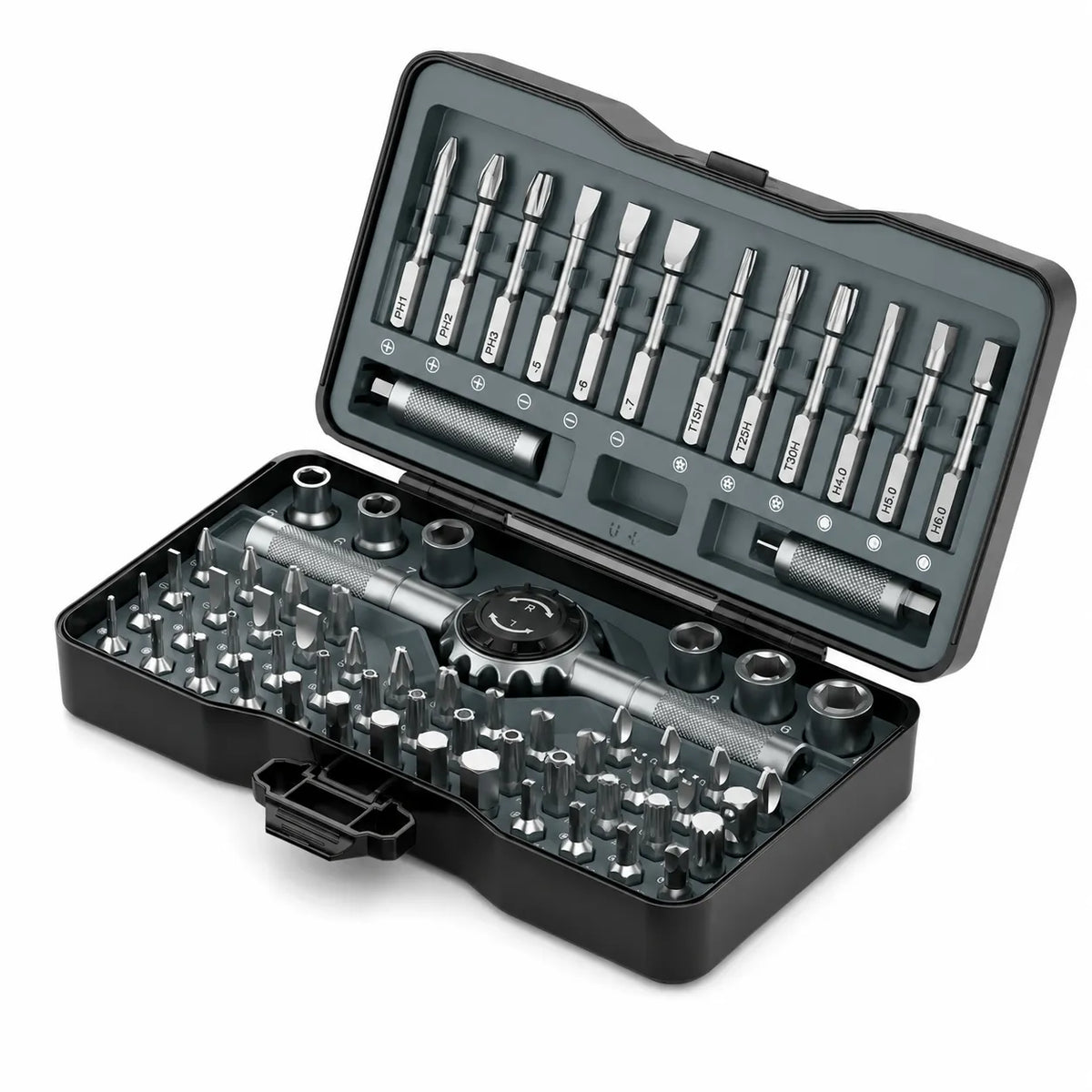 MOQWAIG ratchet screwdriver set in open storage case with organized S2 bits, sockets, magnetic handles, and multifunction repair accessories