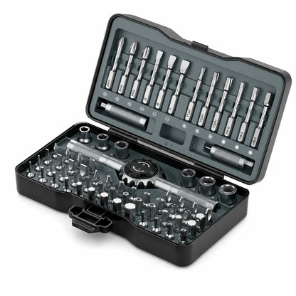 MOQWAIG ratchet screwdriver set in open storage case with organized S2 bits, sockets, magnetic handles, and multifunction repair accessories