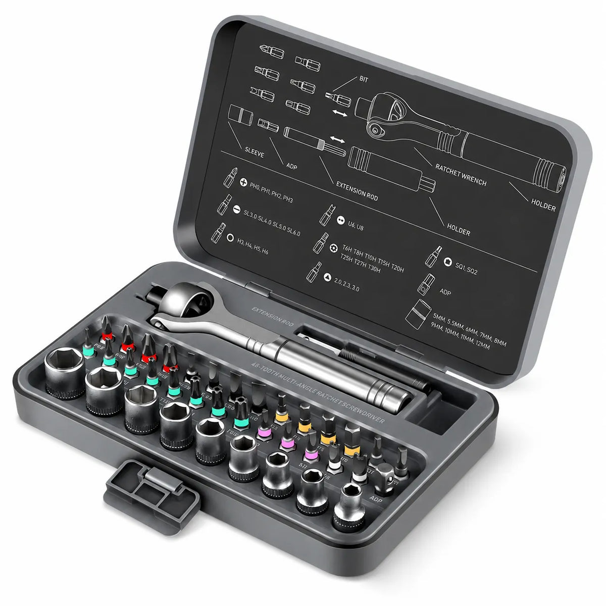 MOQWAIG ratchet screwdriver set in open case with organized CR-V bits, sockets, universal ratchet handle, and extension rod