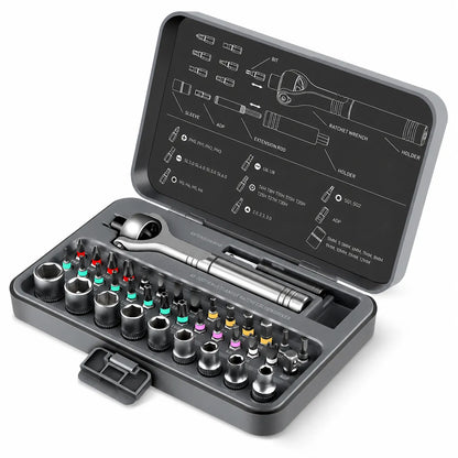 MOQWAIG ratchet screwdriver set in open case with organized CR-V bits, sockets, universal ratchet handle, and extension rod