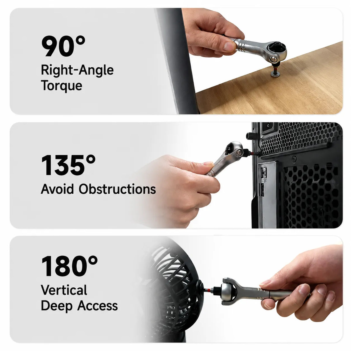 MOQWAIG ratchet screwdriver supports 90-degree, 135-degree, and 180-degree angles for tight spaces and deep access repairs