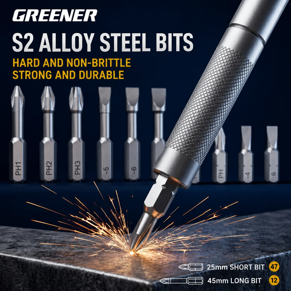 MOQWAIG ratchet screwdriver kit with hard S2 alloy steel bits, 25mm short bits, 45mm long bits, and durable magnetic driver handle