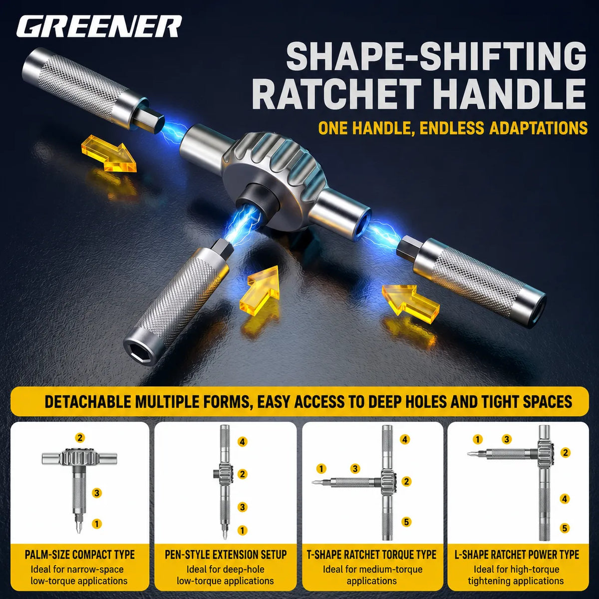MOQWAIG shape-shifting ratchet handle with detachable multi-form design for palm-size, pen-style, T-shape, and L-shape repair setups