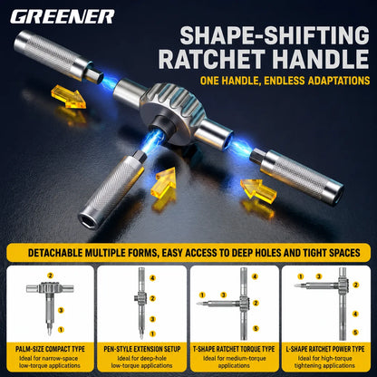 MOQWAIG shape-shifting ratchet handle with detachable multi-form design for palm-size, pen-style, T-shape, and L-shape repair setups
