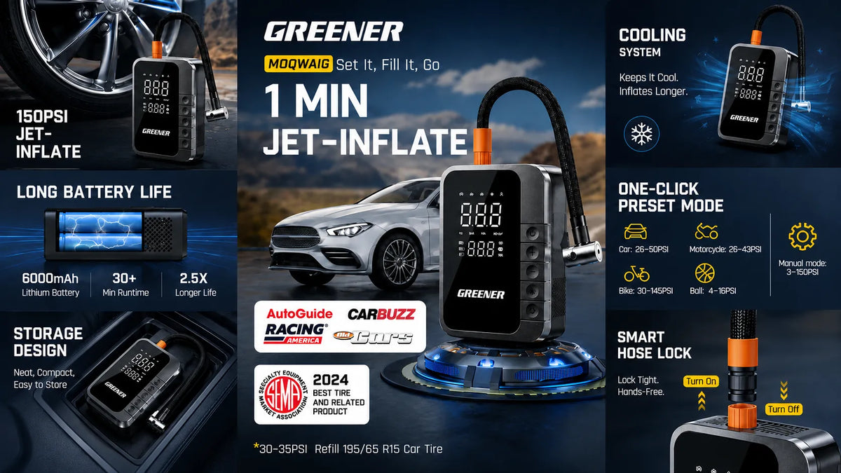 MOQWAIG tire inflator with smart hose lock and preset inflation modes