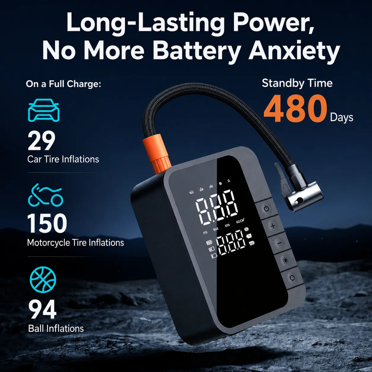 Portable smart air pump with long-lasting battery performance and up to 480 days standby time.