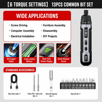 precision cordless screwdriver with 6 torque settings