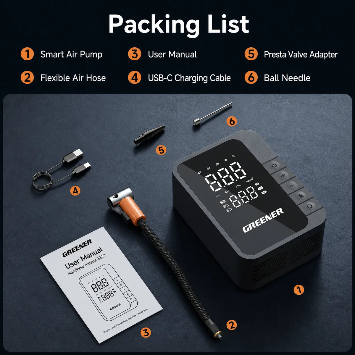 Complete packing list of smart air pump including hose, nozzles, charging cable, and user manual.
