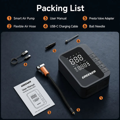 Complete packing list of smart air pump including hose, nozzles, charging cable, and user manual.